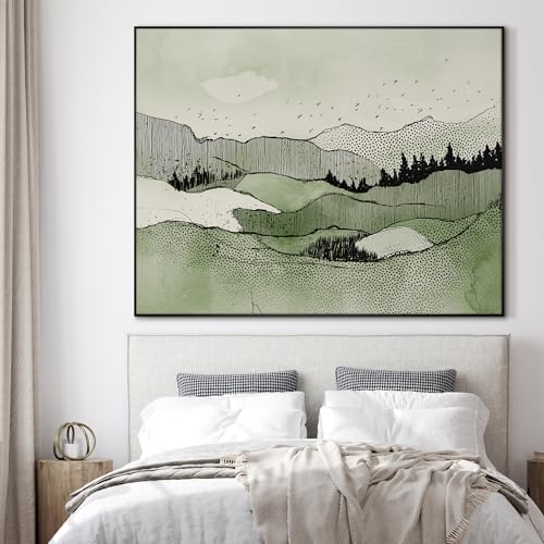 60"x72" Extra Large Framed Wall Art Green Line Art Mountain Landscape Illustration for Home Living Room Bedroom Decor