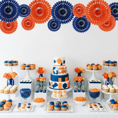 Honeycomb Round Paper Fans Blue Orange Hanging Party Decoration (12 Count)