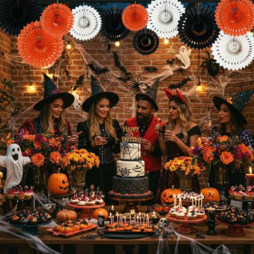 Honeycomb Round Paper Fans Black Orange Hanging Party Decoration (11 Count)
