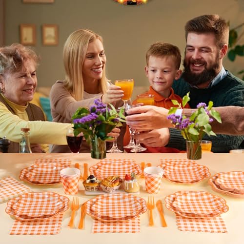175 Pcs Orange Gingham Plates and Napkins Party Supplies (25 Count)