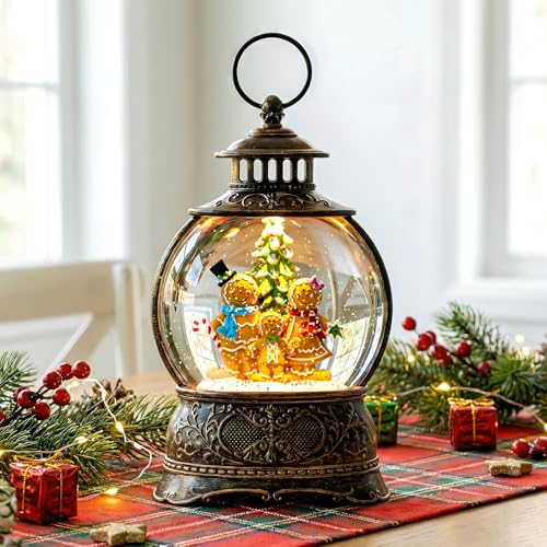 Christmas Snow Globe Water Lantern with Gingerbread Scene Battery Operated or USB Powered Musical Lighted Holiday Decoration for Tabletop Display for Family and Friends