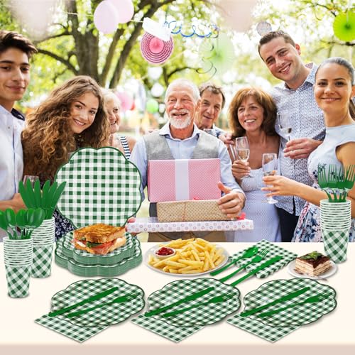 175 Pcs Green Gingham Plates and Napkins Party Supplies
