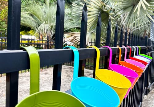 10 Pack 6" Colorful Metal Hanging Railing Planters with Detachable Hooks (10 Count)