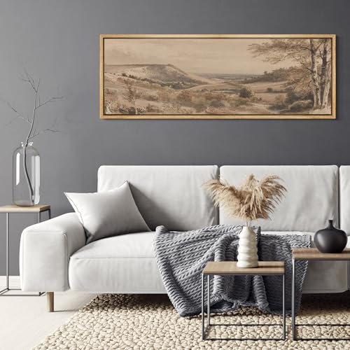 Large Framed Canvas Print Wall Art Vintage Neutral Tone Countryside Landscape Retro Fine Art Illustrations Decorative Colorful for Bedroom