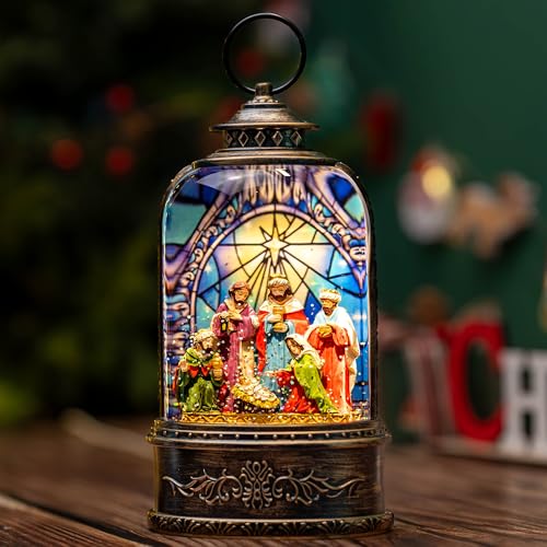 Christmas Snow Globe Swirling Glittering Nativity Scene with Music
