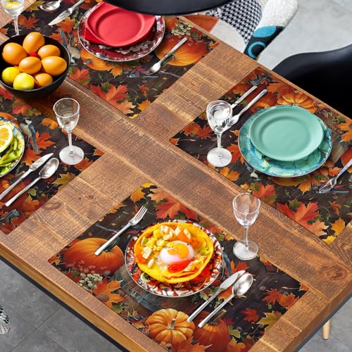 Pumpkin Maple Leaf Bird Fall Placemats Set of 4 Autumn Thanksgiving Seasonal Holiday Harvest Linen Table Mats Orange Brown Washable Place Mats for Party Kitchen Dining Outdoor Indoor Decor (4 Count)