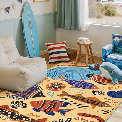 5x7 Coastal Area Rug Washable Kids Rug Colorful Ocean Fish Mat (35 Sq Ft)