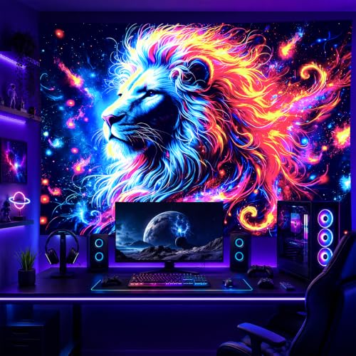 Blacklight Tapestry Lion Galaxy Party Backdrop 78 x 59 Inch
