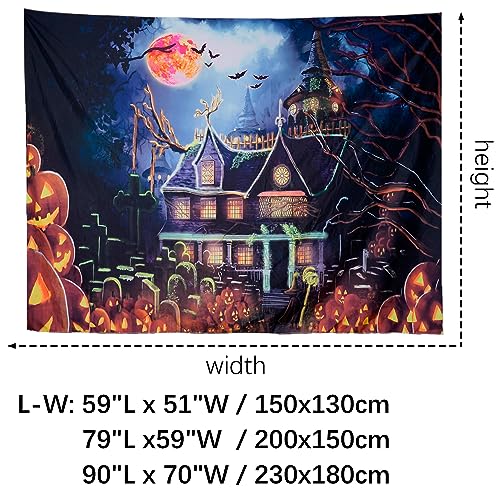 Blacklight Halloween Castle Tapestry 90"x70" Pumpkins Bats Crosses Backdrop Bedroom Aesthetic Hippie Room Decor Glow in The Dark Wall Poster for Halloween Easter