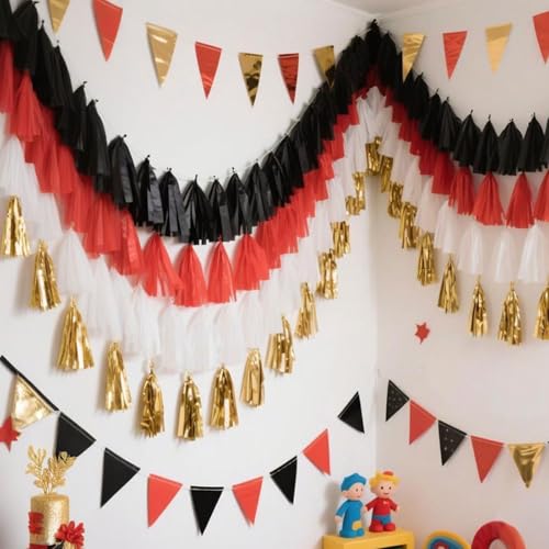 Red Black White Gold Paper Tassel (20 Count)