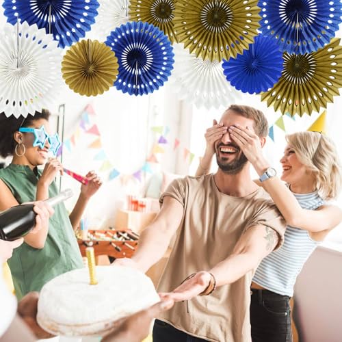 Honeycomb Round Paper Fan Blue Gold White Hanging Party Decoration (11 Count)