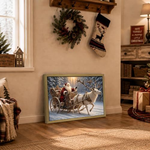 Wood Framed Vintage Santa Claus Sleigh Wall Art
