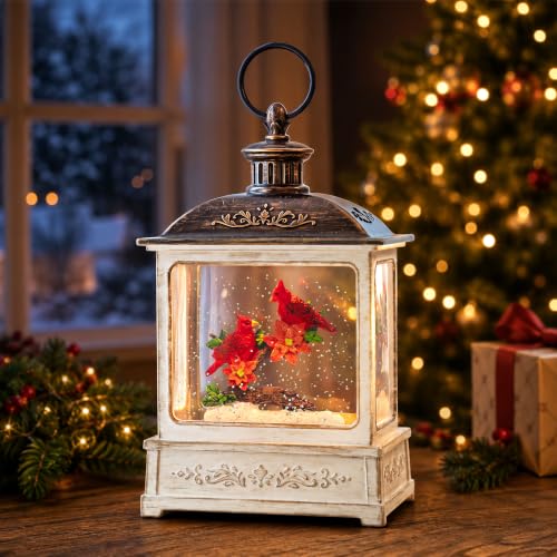 Christmas Snow Globe Water Glittering Cardinal Scene with Music & Timer