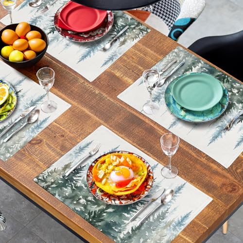 Watercolor Dark Green Tree Table Mats Set of 4 Rustic Nature Forest Pine Tree Placemats Seasonal Winter Holiday Place Mat Farmhouse Washable Linen Placemat for Dining Table Kitchen Christmas Decor (4 Count)