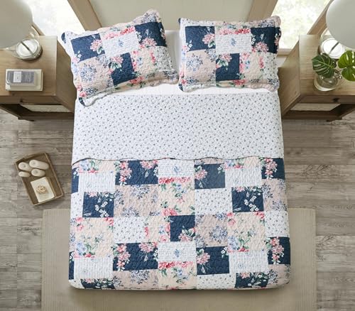 Pink Rose & Blue Toile Patchwork Quilt Set