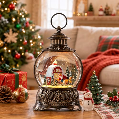 Christmas Snow Globes Christmas Water Lantern with Carriage Red barn Farm Scene Music & 6H Timer USB Lined