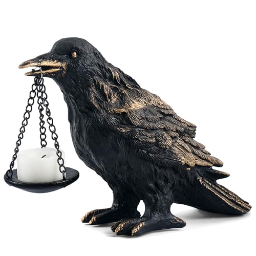 Gothic Crow Lamp with Tealight Candle Holder Resin Raven Decor Statue Gothic Home Decor for Bedroom Unique Goth Gifts Wearing Gold