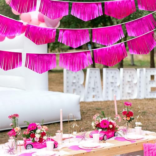 Hot pink Tassel Banner Double Sided Metallic Fabric Pennant Bunting Flag Garland for Birthday Bachelorette Anniversary Engagement Wedding Bridal Shower Graduation Pink Girl Party Decorations Supplies (16.93 Foot)
