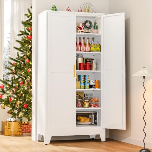 Metal Pantry Storage Cabinet with 2 Doors and 5 Adjustable Shelves