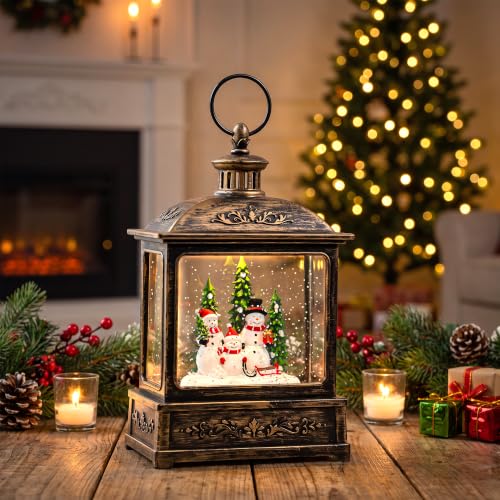 Christmas Snow Globe Swirling Glittering Snowman Family with Music & Timer