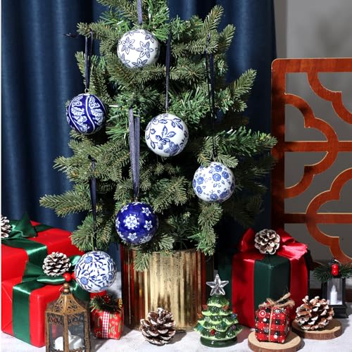 6 Pcs Blue and White Christmas Porcelain Balls (6 Count)