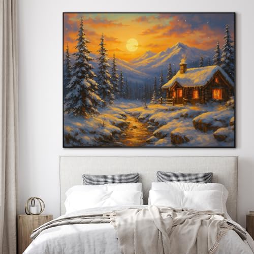 46"x60" Extra Large Framed Wall Art Cozy Cabin in Snowy Mountain Landscape at Sunset for Home Living Room Bedroom Decor