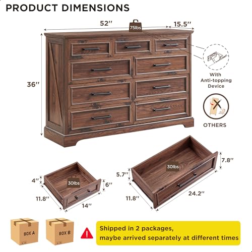 52" Wide Farmhouse 9 Drawer Dresser for Bedroom