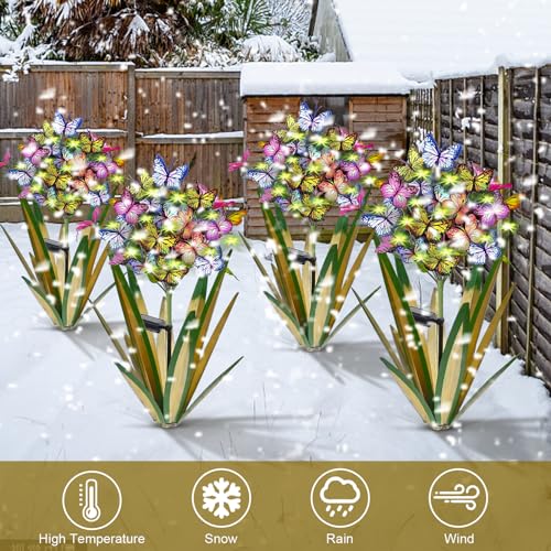 Solar Metal Agave Butterfly Flower Stick Garden Sculpture Outdoor Gift Solar Garden Christmas Lights Swaying Butterfly Sunflower Garden Lights Solar Outdoor Statues (3 Count)