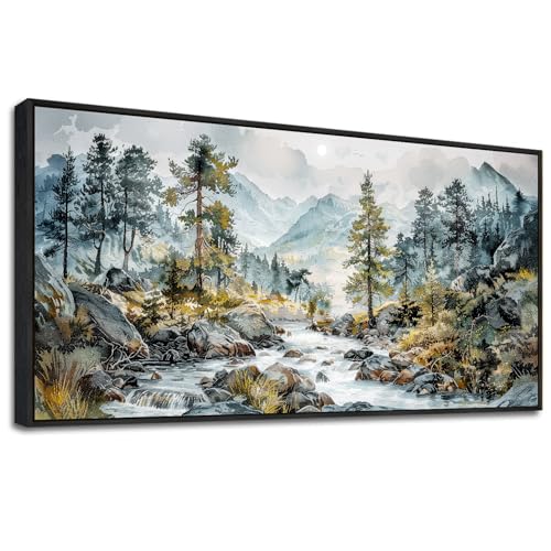 Large Wall Art For Bedroom Wall Decor For Living Room Office Decoration Rivulet View Painting Forest Tree Landscape Watercolour Pictures Canvas Artworks Home Decor Black Framed 24x48 In