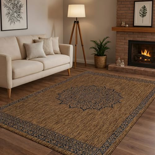 Outdoor Rug 6x9 Medallion Gold Modern Area Rugs for Indoor and Outdoor Patios Kitchen and Hallway Mats Washable Porch Deck Outside Carpet (60 Sq Ft)