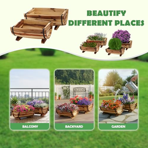 Solid Acacia Wood Half Barrel Planters Outdoor Set of 2 Different Sizes (2 Count)