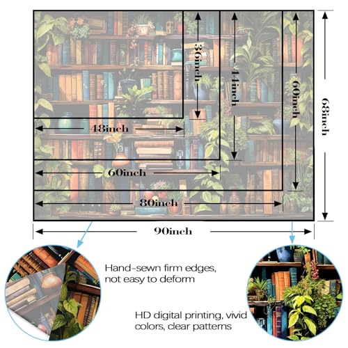 Botanical Bookshelf Tapestry Lush Green Plant Book Shelf Tapestries Wall Hanging Vintage Retro Potted Plants Academics Extra Large Library Tapestry for Bedroom Living Room Dorm 90 x 68 inch