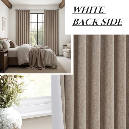 Dark Flax Linen Pinch Pleated Curtains 102 Inches Long Heavy Duty Thermal Insulated Extra length Burg for Dining Room Cottage Total Blackout 48