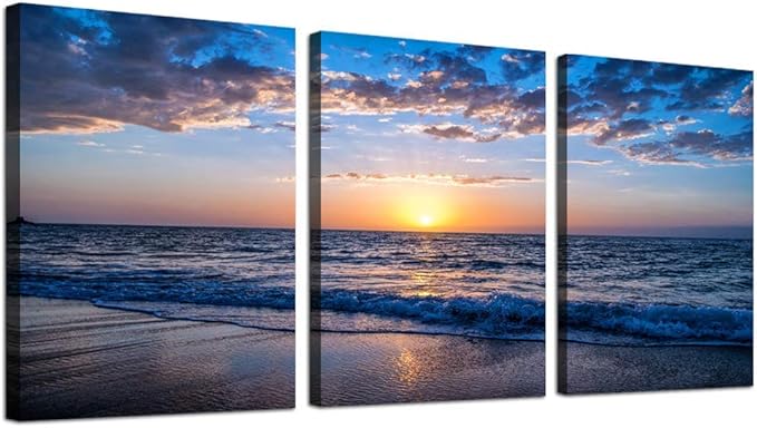Canvas Wall Art For Living Room Sunrise Blue Sea View Landscape Wall Decor Canvas Prints Artwork Ocean Ready To Hang For Modern Bedroom Bathroom Office Home Decoration 20" X 28" 3 Pieces Framed Panels