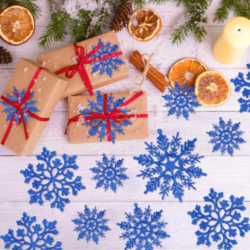 36pcs Christmas Navy Blue Snowflake Ornaments Plastic Glitter Snow Flakes Ornaments for Winter Christmas Tree Decorations Size Varies Craft Snowflakes (36 Count)