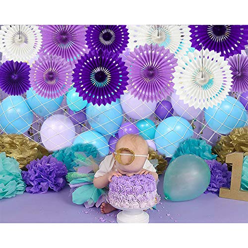 Honeycomb Round Paper Fans Purple White Hanging Party Decoration (9 Count)