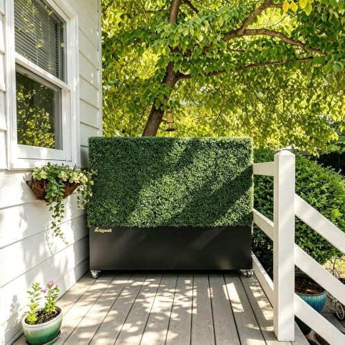 Artificial Boxwood Hedge Wall with Black Steel Planter Box (16 Sq Ft)