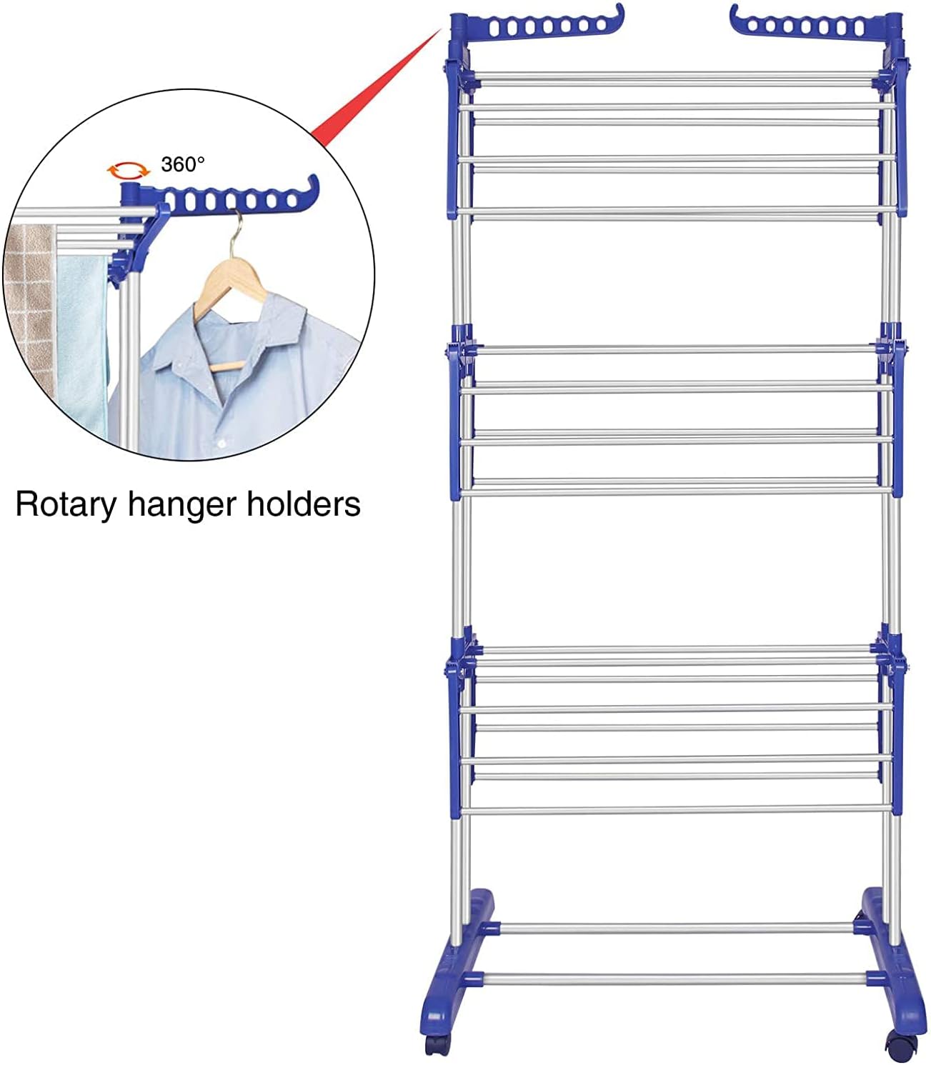 Bigzzia Clothes Drying Rack, Folding Stainless Steel Drying Rack Clothing Indoor Outdoor, Space-Saving, 4 Tier Laundry Drying Rack with Two Side Wings Grey Blue - NestledHome