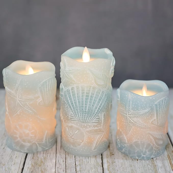 Silverstro Ocean Flameless Candles Remote Carved Seashell Real Wax Flicker Battery Operated Candles for Home Party Wedding Nautical Thanksgiving Christmas Easter Decor - Set of 3(Blue)