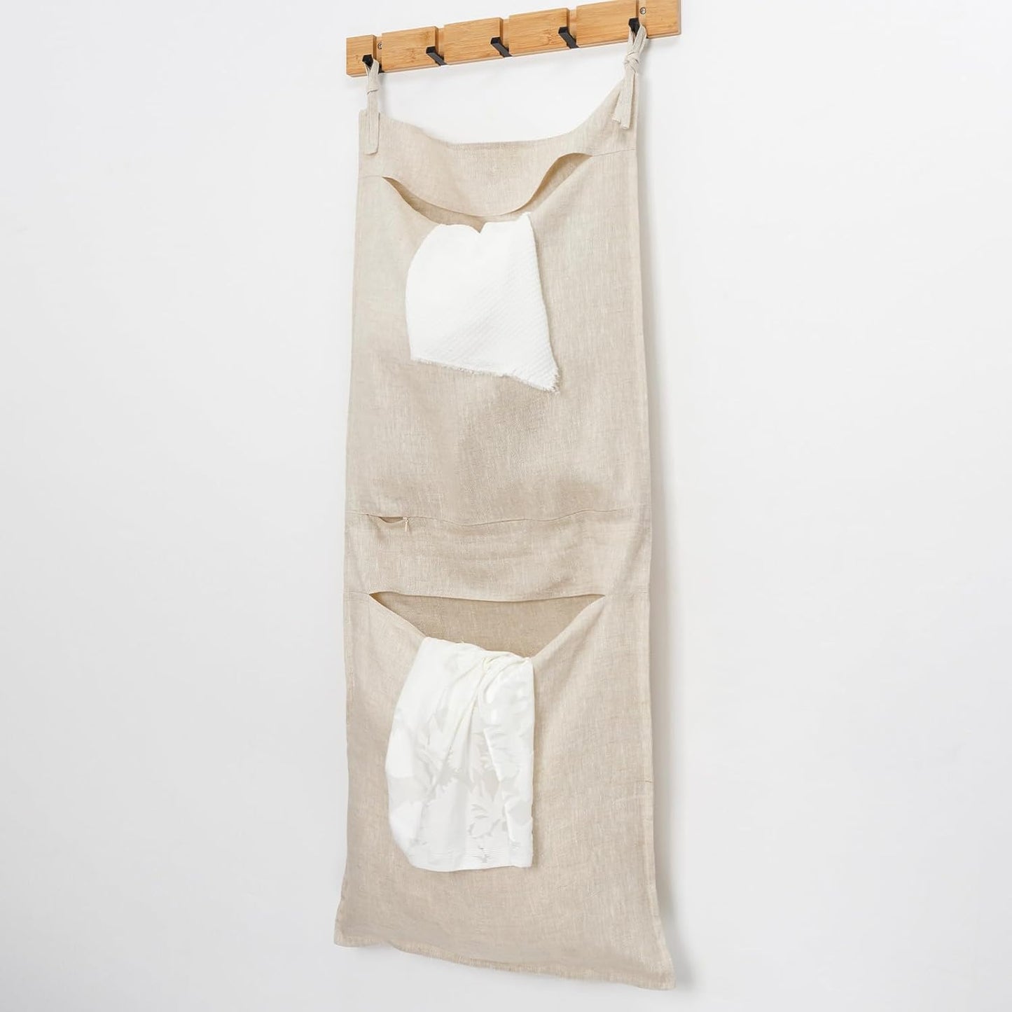 100% Linen Hanging Laundry Bag with 2 Compartments, Over the Door Laundry Hamper, Dirty Clothes Space Saving Organizer 19.7 x 47 Inches, Linen - NestledHome