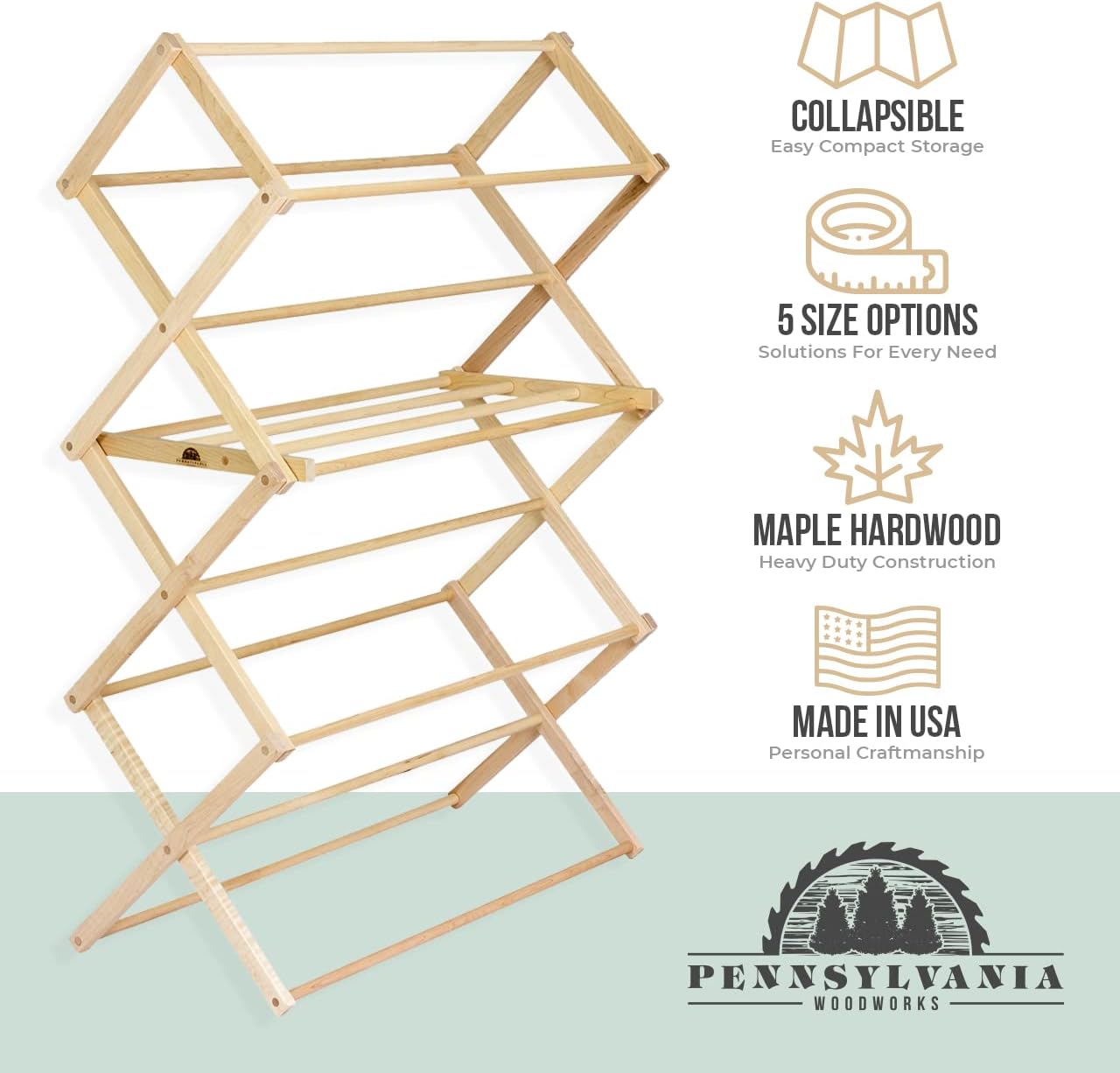 Pennsylvania Woodworks Clothes Drying Rack: Solid Maple Hard Wood Laundry Rack for Sweaters, Blouses, Lingerie & More, Durable Folding Drying Rack, Made in USA, No Assembly Needed, Medium - NestledHome