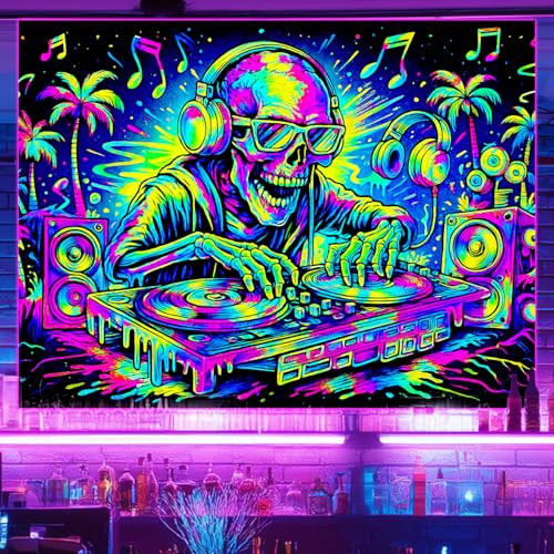 Blacklight Tapestry DJ Skeleton Wall Art 78 x 59 Inch