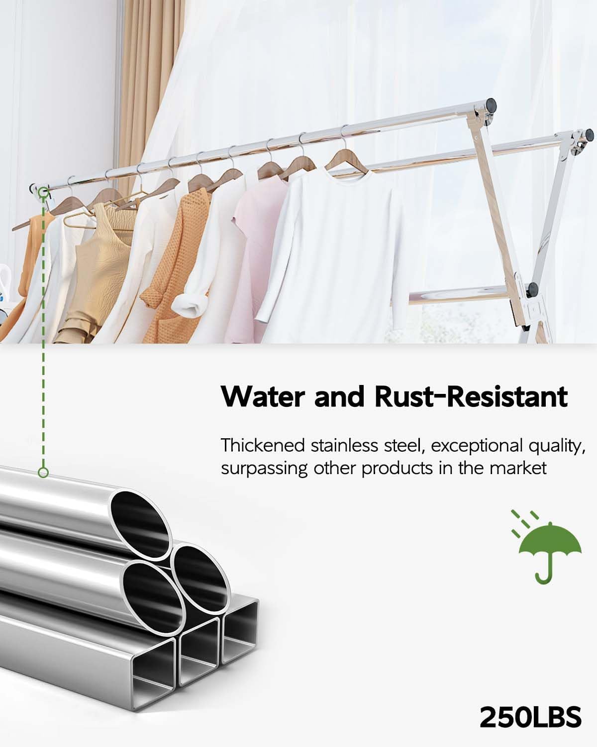 Clothes Drying Rack 79 Inches Folding Indoor Outdoor, Drying Rack Clothing Collapsible, Foldable Laundry Drying Rack, Heavy Duty Stainless Steel Clothesline, Garmet Rack, 20 Hooks 12 Clips - NestledHome
