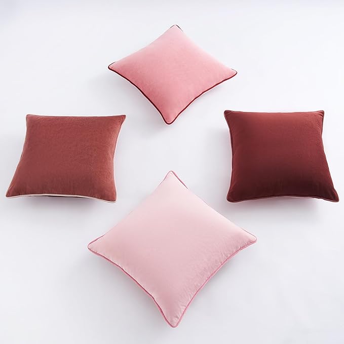 MONDAY MOOSE Decorative Throw Pillow Covers Cushion Cases, Set of 4 Soft Velvet Modern Double-Sided Designs, Mix and Match, Pillow Inserts Not Included (18x18 inch, Pink/Dark Pink)
