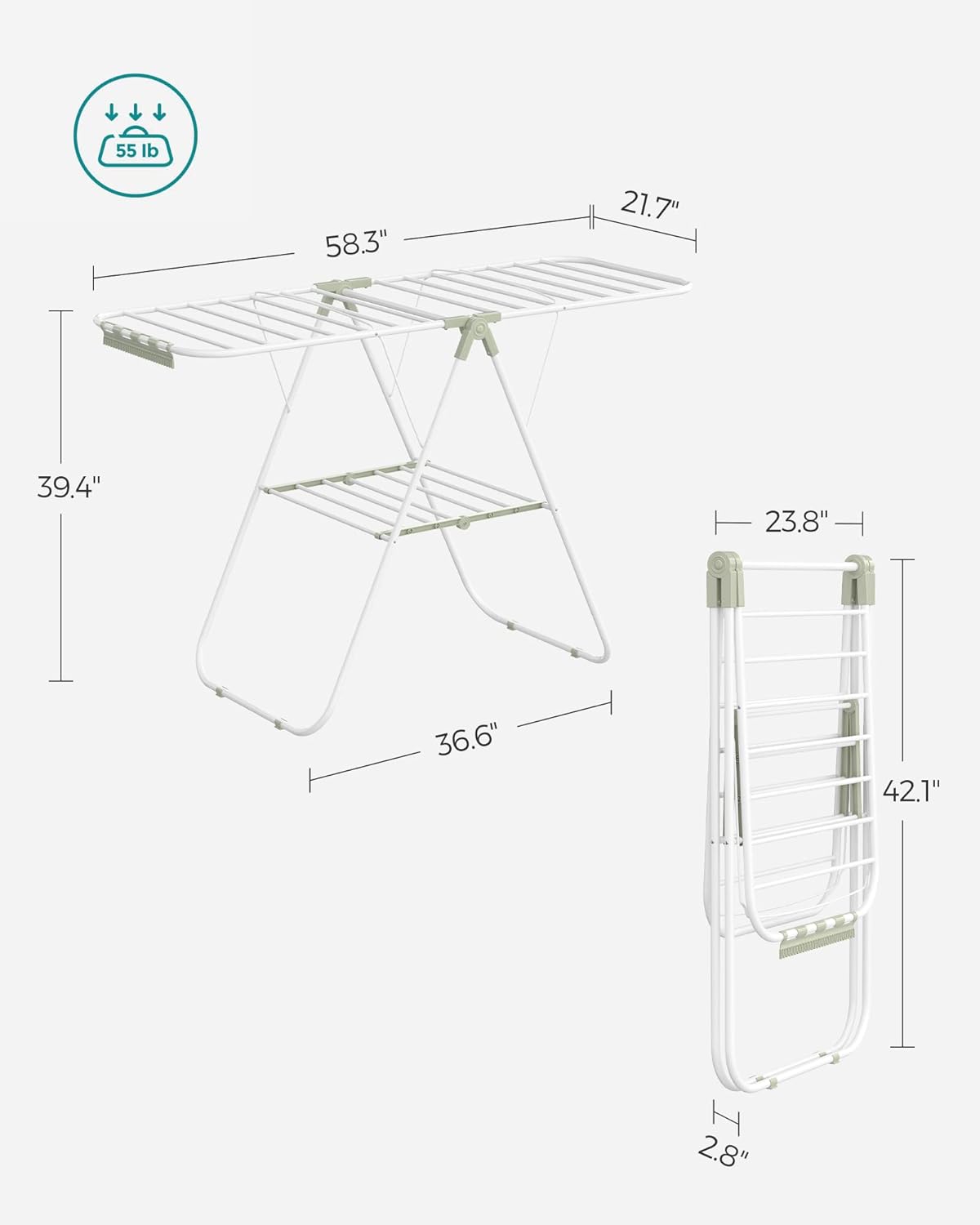 SONGMICS Clothes Drying Rack, with Sock Clips, Metal Laundry Rack, Foldable, Space-Saving, Free-Standing Airer, with 2 Height-Adjustable Gullwings, Indoor Outdoor Use, White and Green ULLR052C01 - NestledHome
