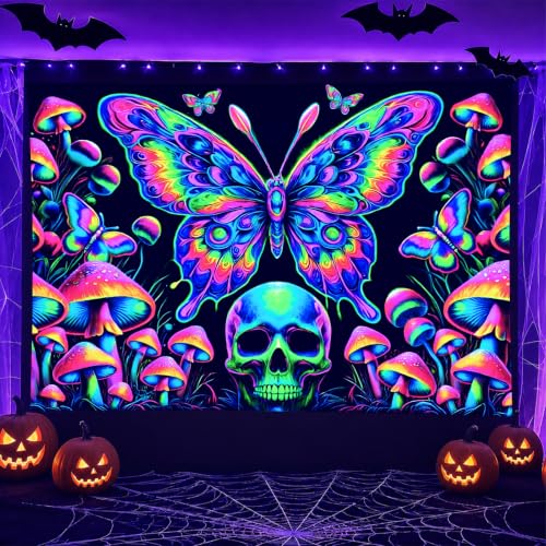 Blacklight Tapestry Butterfly Skull Glow Backdrop 78 x 59 Inch