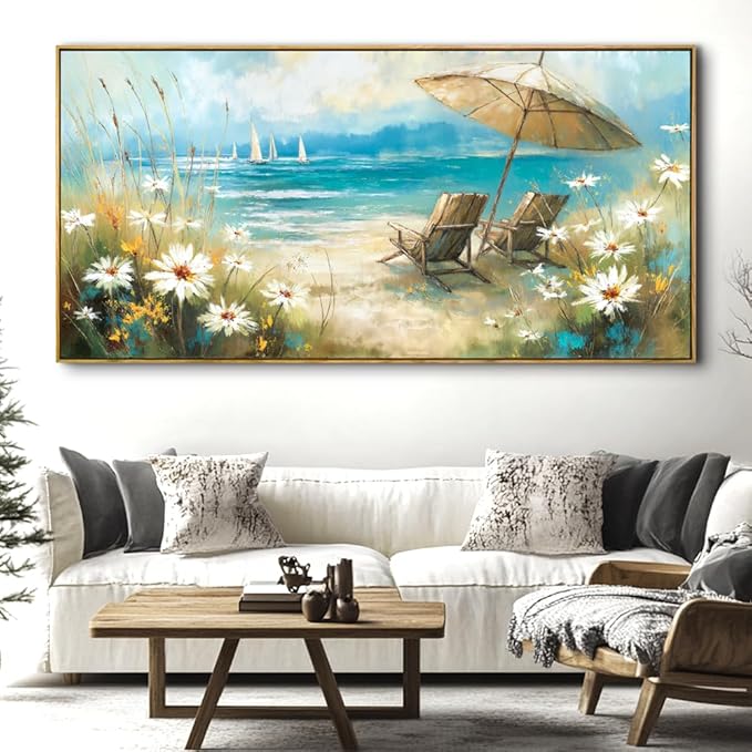 Beach Landscape Wall Art - Framed Modern Canvas Painting for Living Room, Bedroom Home Office Decor, 48x24 Inch Ready to Hang