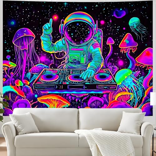 Blacklight Space Astronaut Tapestry UV Reactive Galaxy Planet Glow in Dark Tapestries Black Light Poster Neon Wall Hanging Art for bedroom Living Room