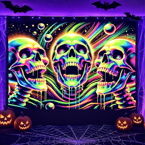 Blacklight Tapestry Skull Gothic Wall Hanging 78 x 59 Inch
