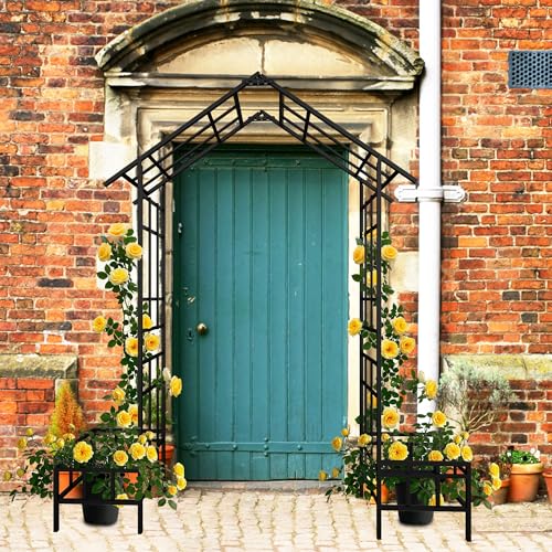 Metal Garden Arch with Plant Box Adjustable Width W68.11'' ~W94.29'' Garden Trellis Climbing Plants Support Rose Arch Outdoor Wedding Party Events Archway